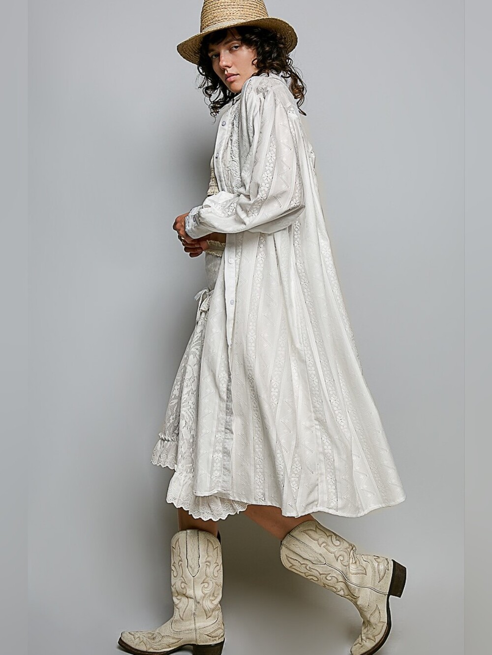 4-0527 POL White Embroidered Eyelet Button-Down Midi Dress Or Duster